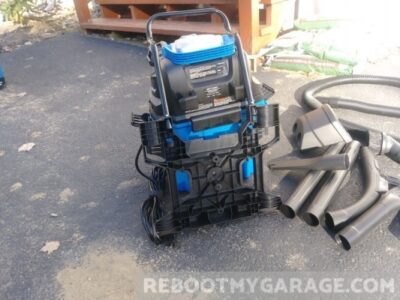 Unboxing My New VacMaster Wall-Mounted, Wet-Dry Garage Vac 6 VacMaster VWM510 Unboxing: Wall bracket leaning against VacMaster VWM510 Vacuum Cleaner