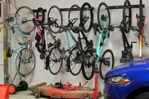 The StoreYourBoard BLAT 8-bike rack in a garage.