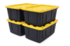 Four black plastic garage storage bins with bright yellow lids, stacked two high
