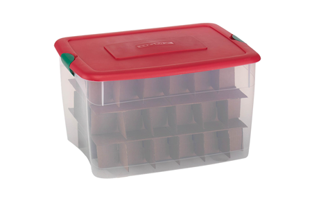 Clear plastic box with red lid containing separators for 64 Christmas ornaments