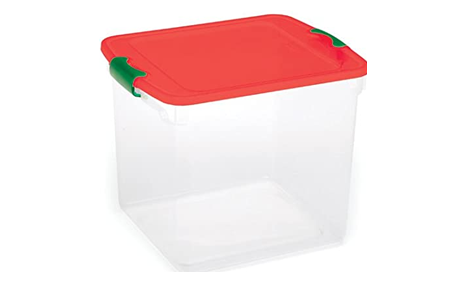 clear plastic box with red lid