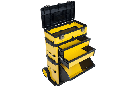 Yellow and black tool storage with drawers open and bottom bin tilted out